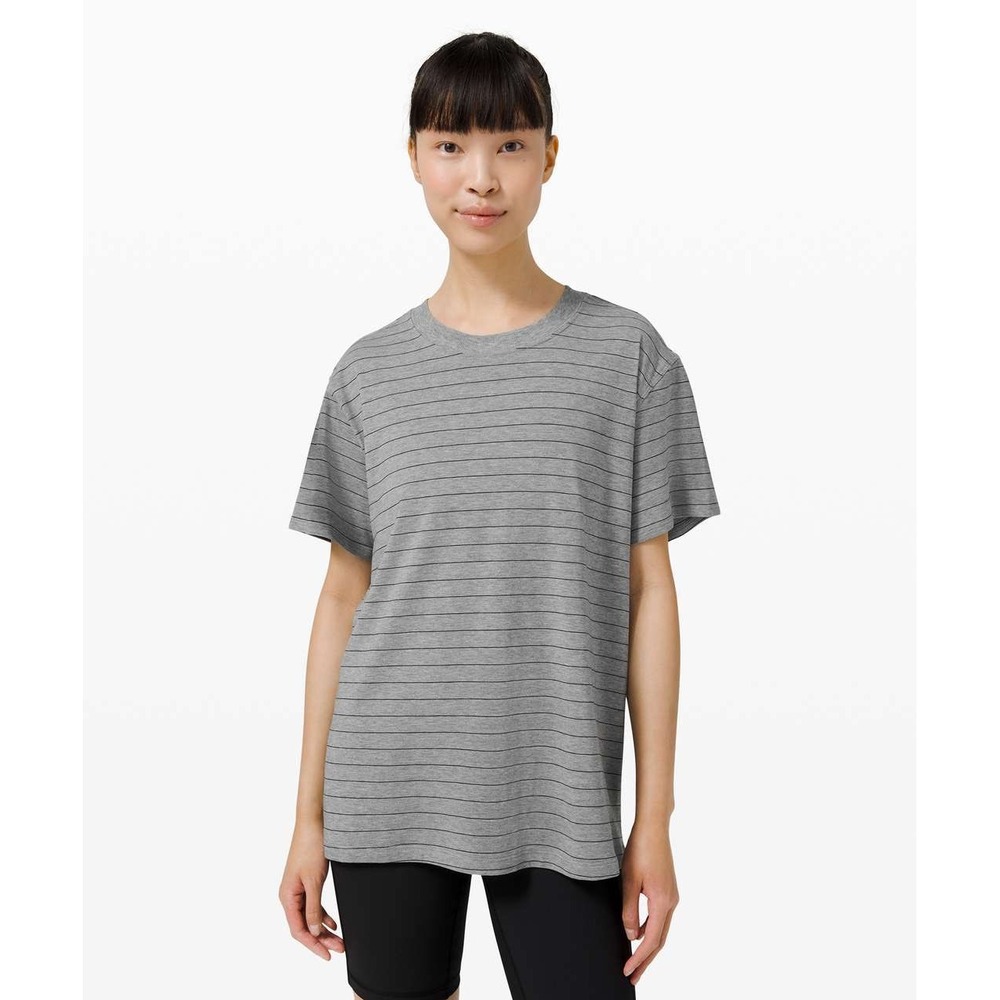 Lululemon All Yours Tee Womens 10 Grey Black Striped Short Sleeve Crew Neck Top
